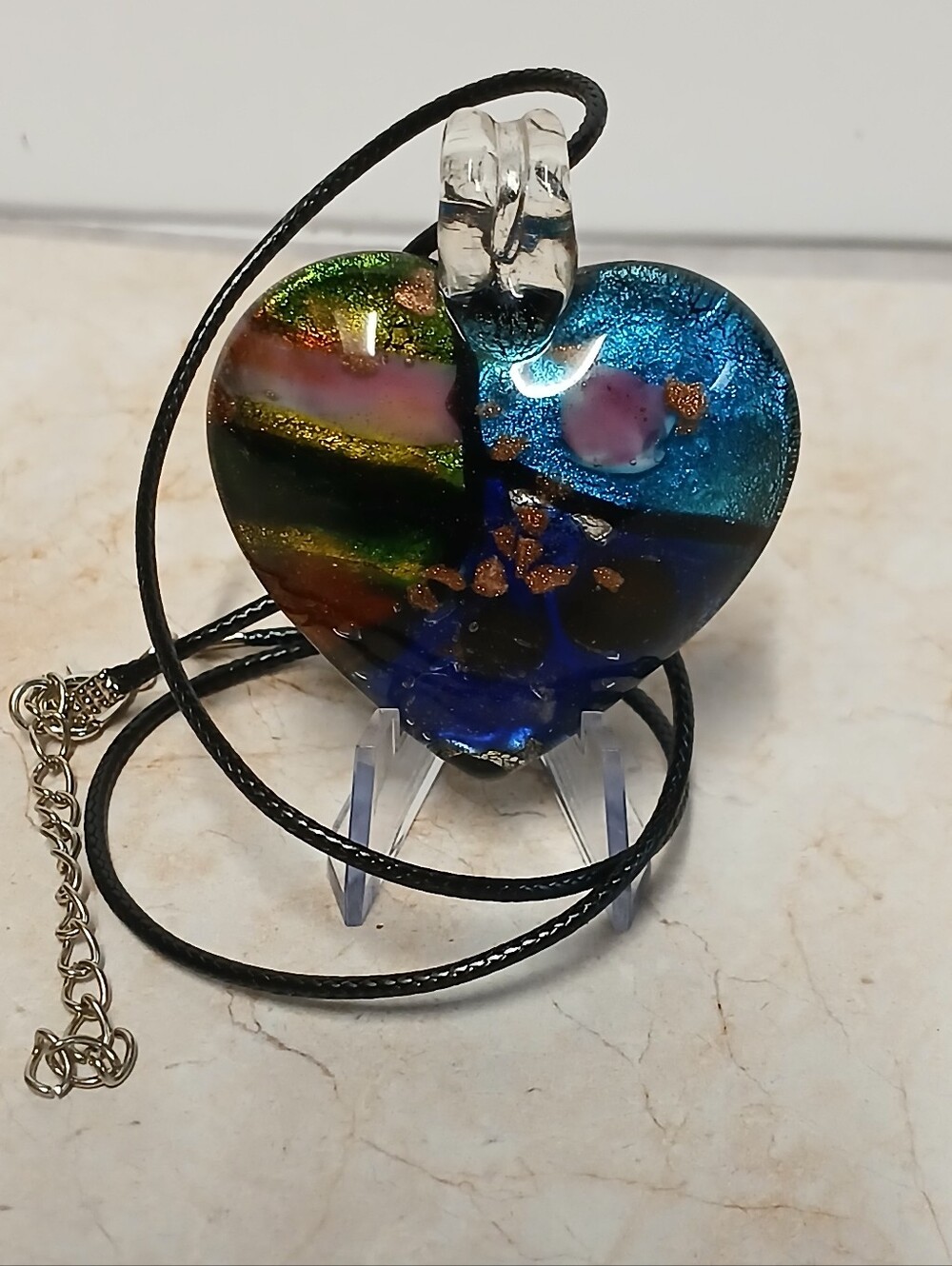 Multicolor Heart Glass Pendant Necklace with Black Cord